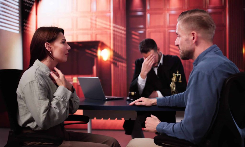 A woman and a man sit facing each other and talking in front of a judge, who sits at a desk with his hand on his face, looking stressed. A laptop and scales of justice are on the desk.